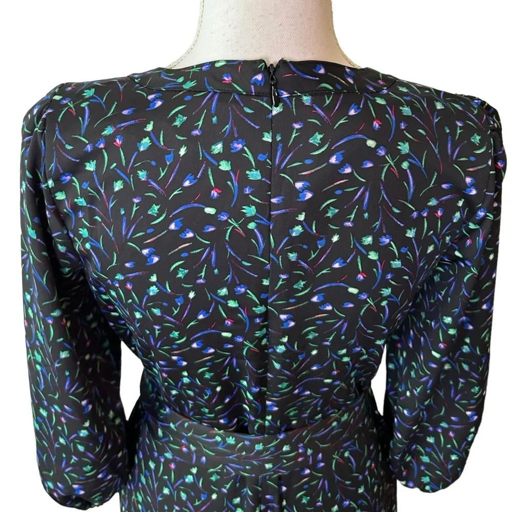 DKNY Belted Long Sleeve crepe de chine midi dress SZ 4 Black Multicolor Print - Picture 7 of 9